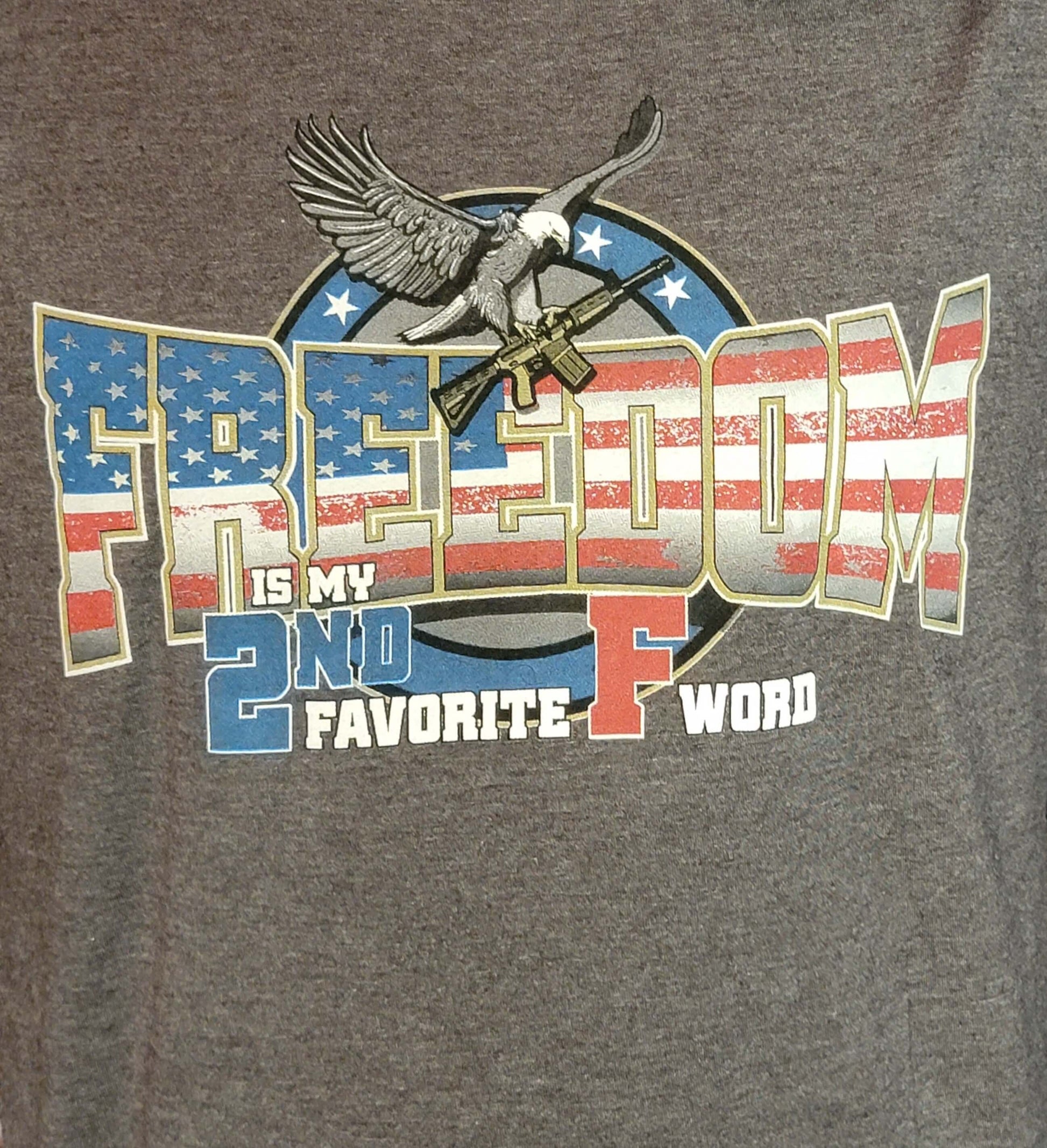 Freedom long sleeve shirt featuring eagle and American flag design, declaring 'Freedom is my 2nd Favorite F Word'.