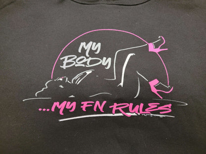 Black ladies cropped fleece hoodie featuring My Body My FN Rules graphic design, part of women's cropped fleece hoodie collection.