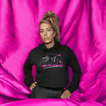 My Body My FN Rules Ladies Cropped Fleece Hoodie worn by a model, showcasing women's cropped fleece hoodie against a pink backdrop.
