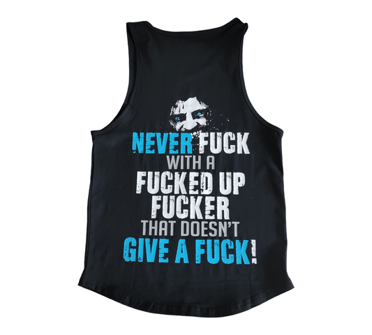 Funny graphic tank top featuring bold black and white text with blue highlights.