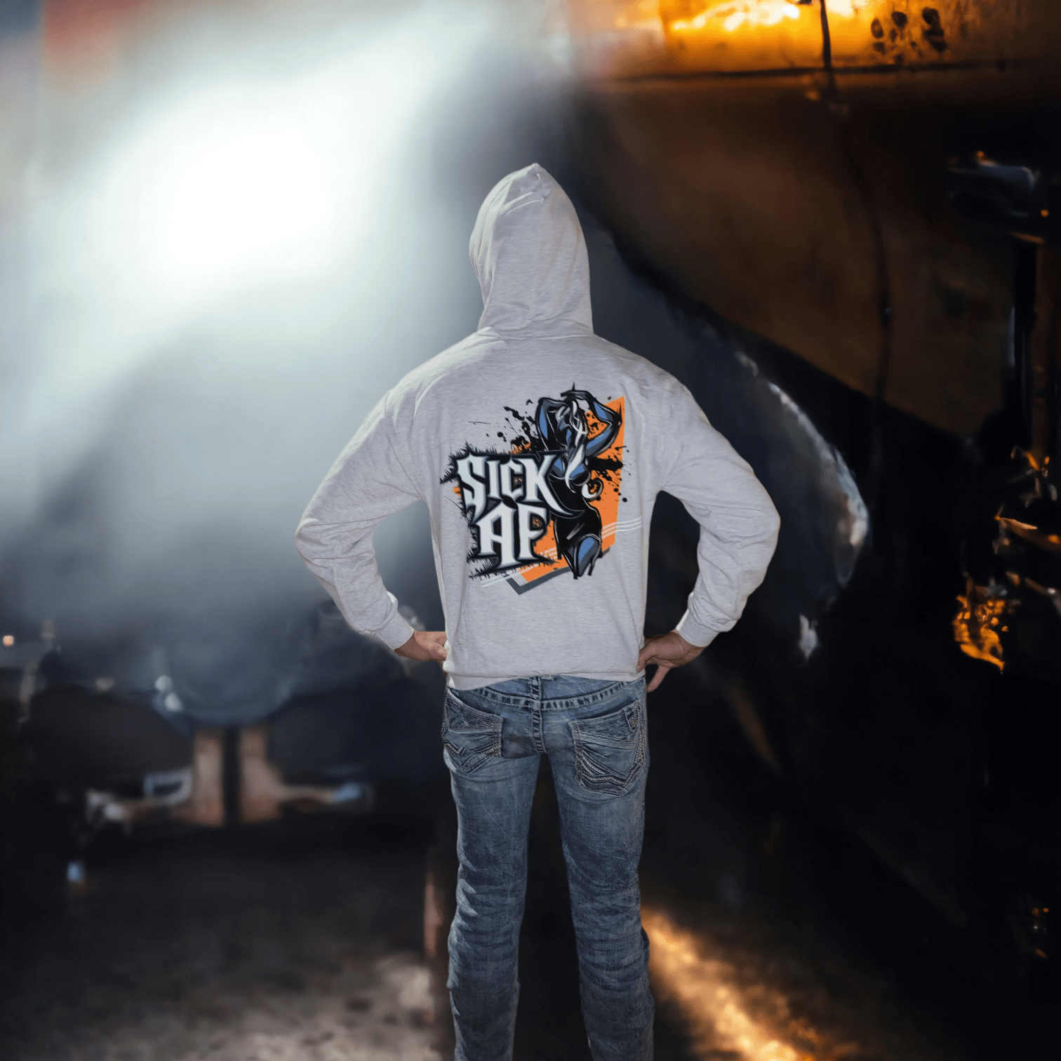 Person wearing a Sick AF pullover hoodie, showcasing the vibrant back print, ideal for cheap pullover hoodies lovers.