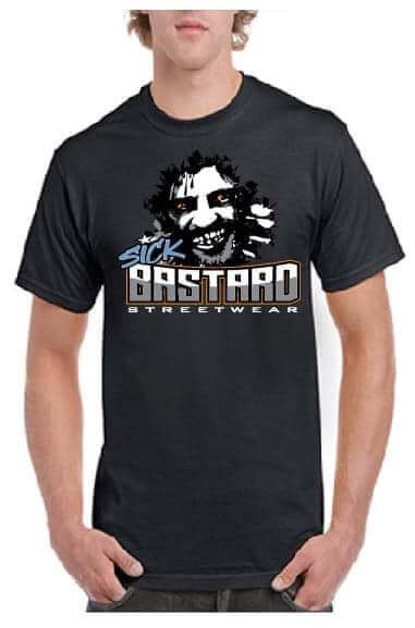 Sick AF Clearance Sale T-shirts featuring a black shirt with Sick Bastard logo and custom design.