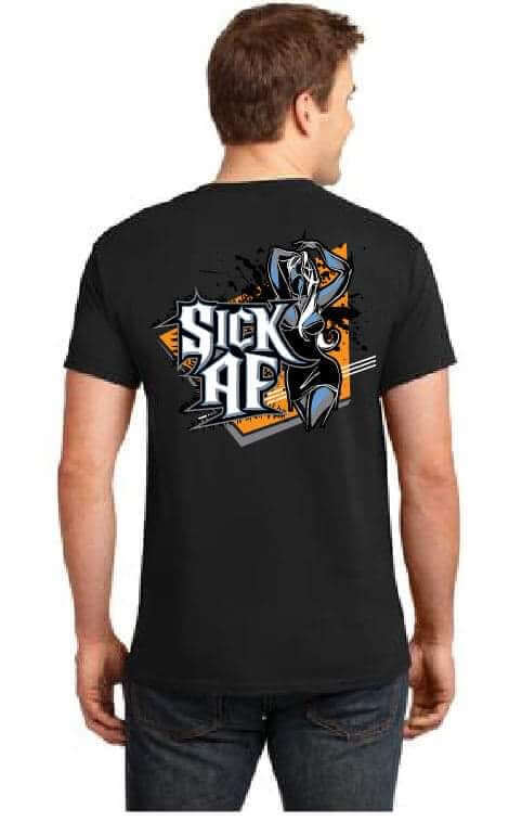 Sick AF clearance sale t-shirts featuring front Sick Bastard logo and custom print on back.