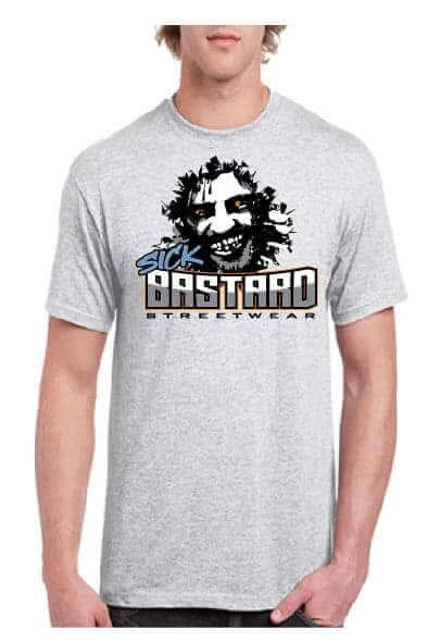 Sick AF Clearance Sale T-shirts featuring Sick Bastard logo on the front of a gray short sleeve T-shirt.