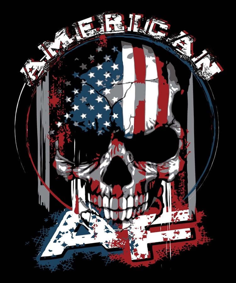American AF T-shirt featuring a skull design with American flag colors, bold statement style for adventurous wearers.