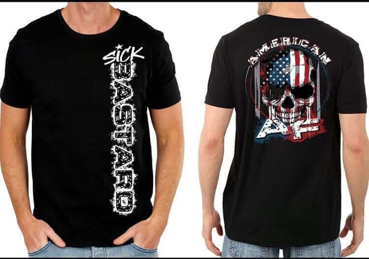 American AF T-shirt featuring a skull design with American flag, bold graphic on front and back.