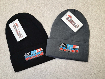 Sick Bastard Flag Beanie collection in black and gray showcasing bold streetwear logo design.