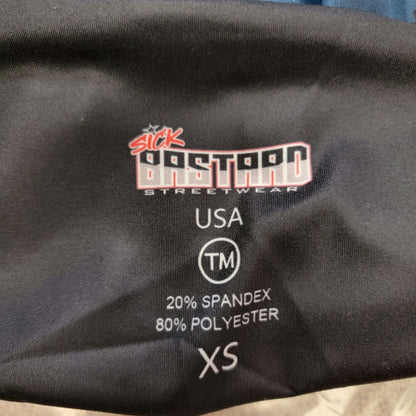 Label showing Sick Bastard Streetwear logo, fabric content, and size for patriotic leggings.