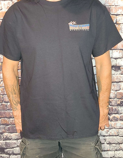 Beer Bikes Shirt featuring a black short sleeve t-shirt worn by a model with tattoos, showcasing edgy streetwear style.