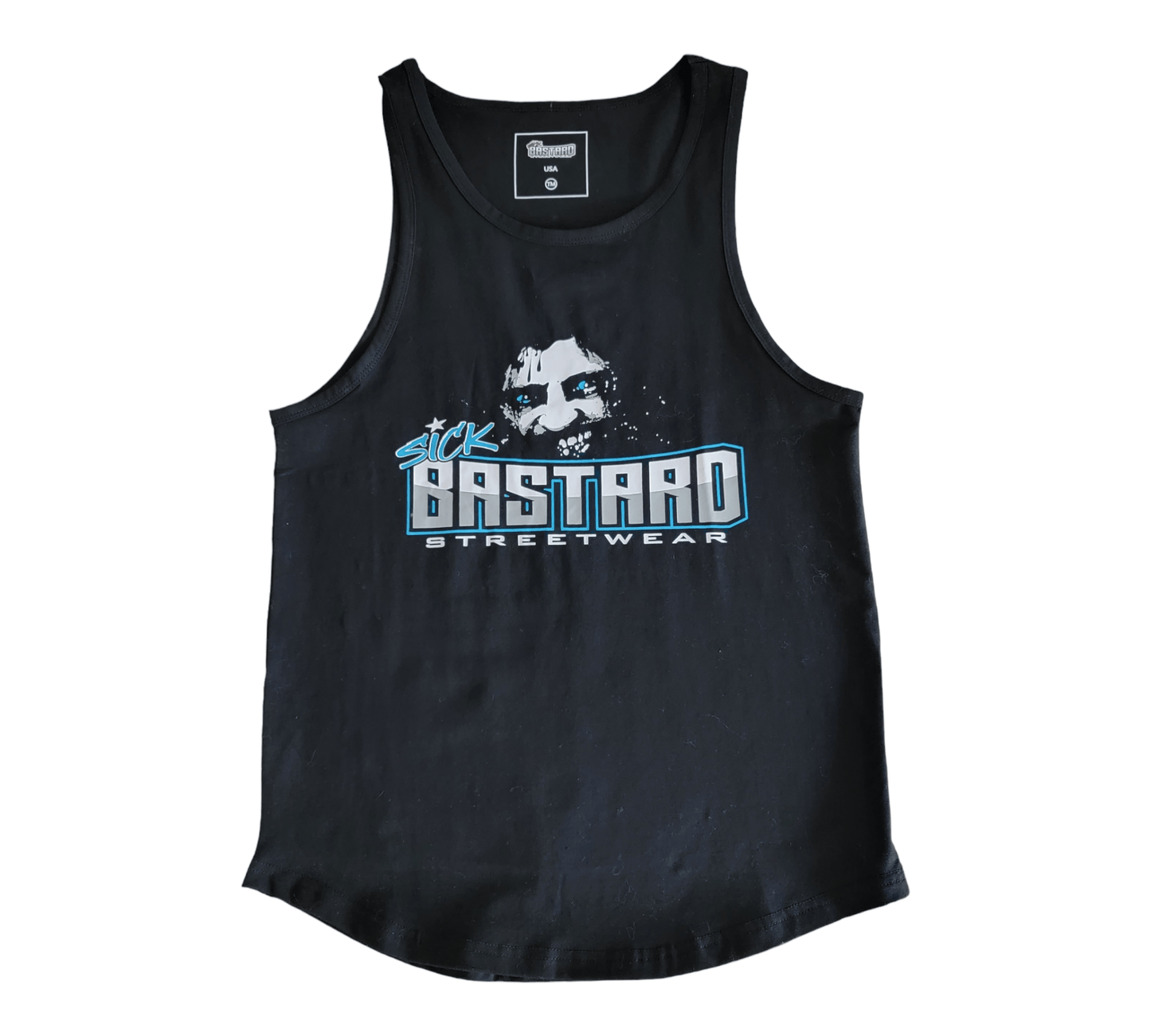 Funny graphic tank top featuring bold 'Bastard Streetwear' print on a black background.