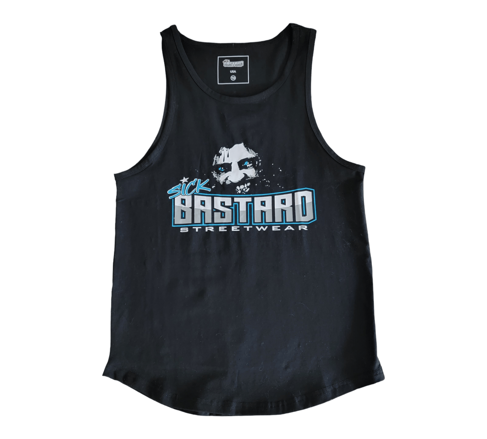 Funny graphic tank top featuring bold 'Bastard Streetwear' print on a black background.