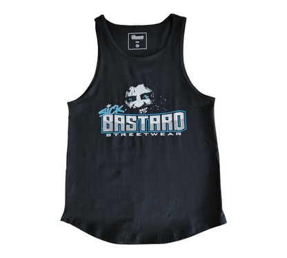 Funny graphic tank top featuring bold 'Bastard Streetwear' print on a black background.