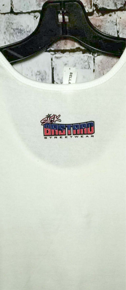 Back view of Sick Bastard Streetwear's white tank top featuring logo, part of women's freedom tank top for women.