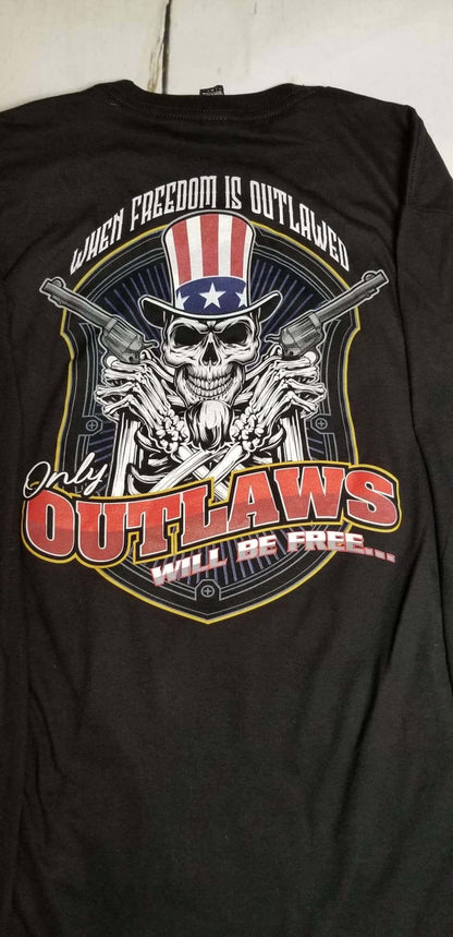 Freedom long sleeve shirt featuring a skull and patriotic design with the phrase 'When Freedom is Outlawed Only Outlaws Will Be Free.'