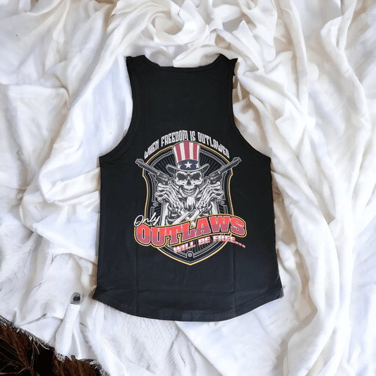 When Freedom Is Outlawed Only Outlaws Will Be Free Tank Top featuring a bold graphic and heavy quality fabric. Freedom outlawed tank top.